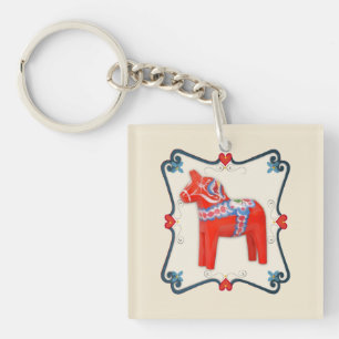 Swedish Dala Horse Folk Art Framed Key Ring