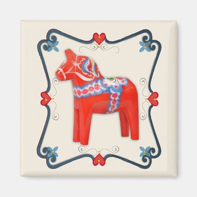 Swedish Dala Horse Folk Art Framed Magnet (Front)