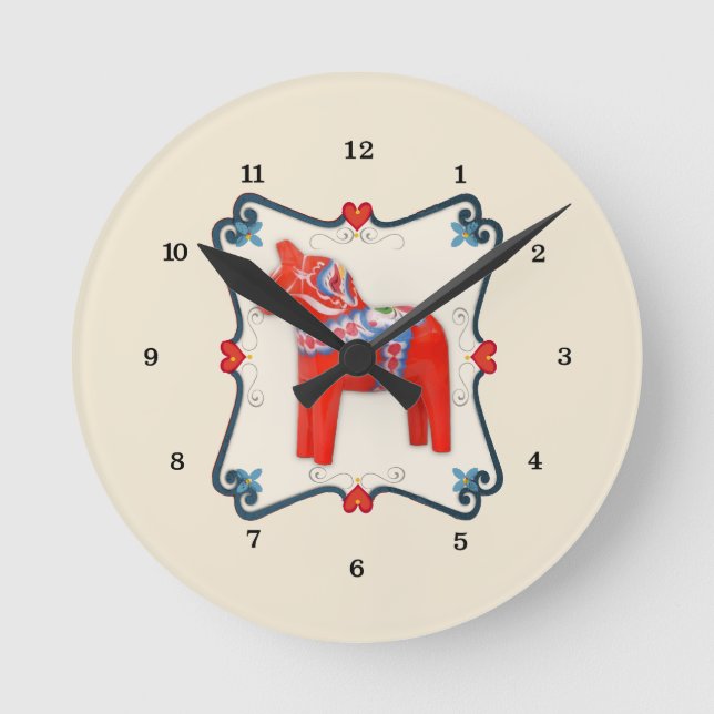Swedish Dala Horse Folk Art Framed Round Clock (Front)