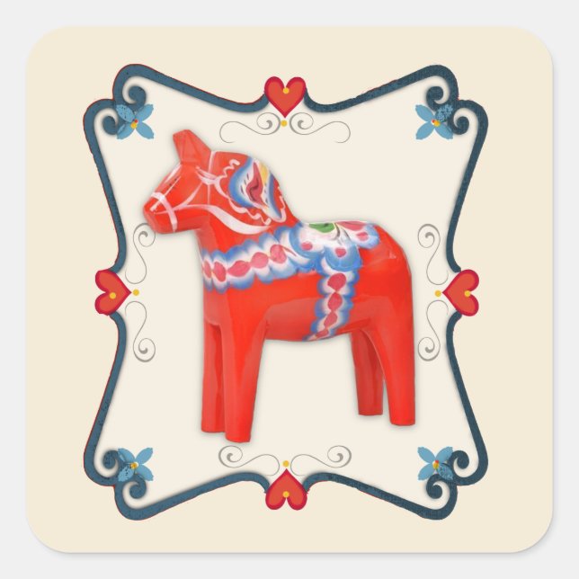 Swedish Dala Horse Folk Art Framed Square Sticker (Front)