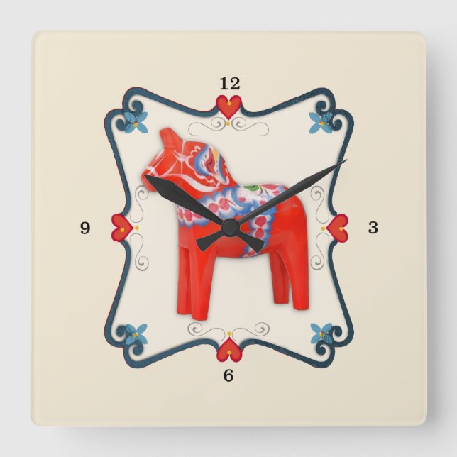 Swedish Dala Horse Folk Art Framed Square Wall Clock (Front)