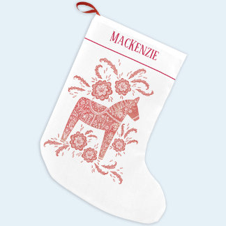 Swedish Dala Horse Folk Art Personalised Red White Small Christmas Stocking