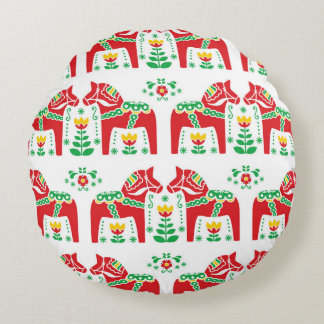 Swedish Dala Horse: Folk Art Round Cushion