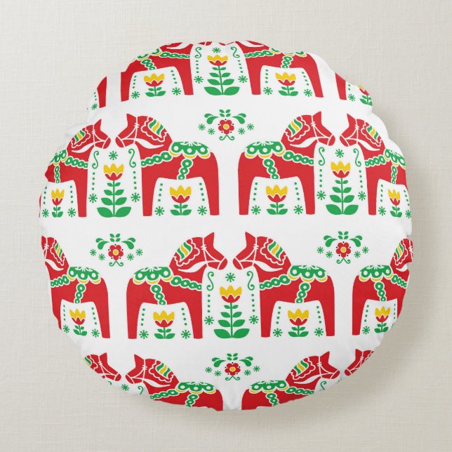 Swedish Dala Horse: Folk Art Round Cushion (Front)