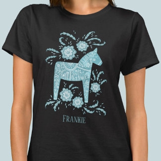 Swedish Dala Horse Folk Art Teal Custom Name T-Shirt