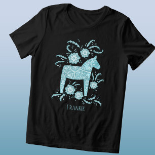 Swedish Dala Horse Folk Art Teal Custom Name Tri-Blend Shirt
