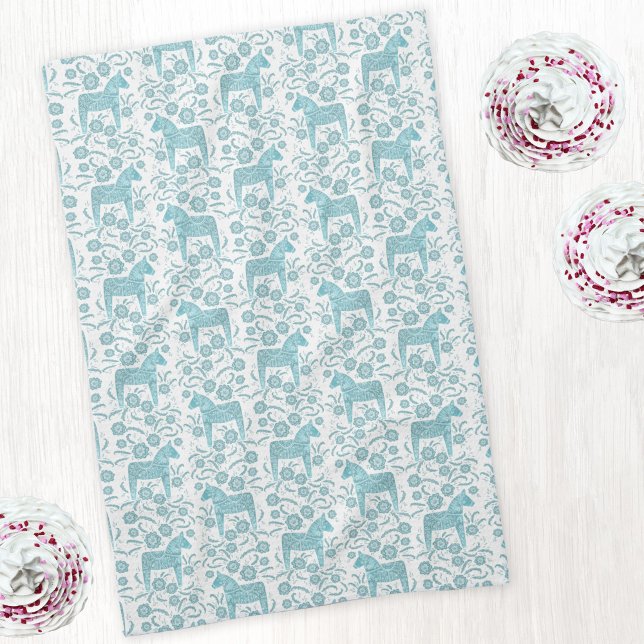 Swedish Dala Horse Folk Art Teal Green Tea Towel (Swedish Dala horse teal green and white art kitchen tea towel)