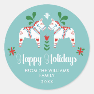 Swedish Dala Horse Folk Happy Holidays Christmas Classic Round Sticker