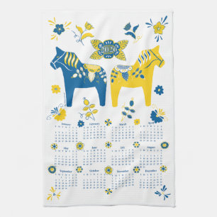 Swedish Dala Horse Full Year 2026 Calendar Tea Towel