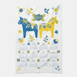 Swedish Dala Horse Full Year 2026 Calendar Tea Towel