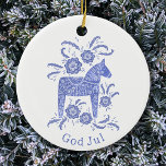 Swedish Dala Horse God Jul Blue White Ceramic Tree Decoration<br><div class="desc">Festive blue and white painting of a Swedish Dala Horse. 
Change or remove the God Jul greeting to customise.  Original art by Nic Squirrell.</div>