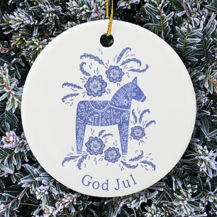 Swedish Dala Horse God Jul Blue White Ceramic Tree Decoration