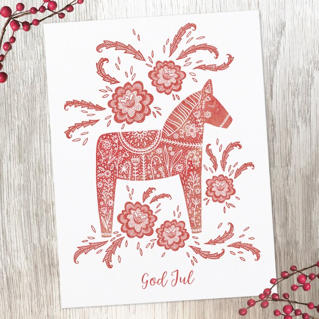 Swedish Dala Horse God Jul Holiday Postcard (Swedish Dala Horse red and white God Jul holiday postcard with custom text)