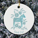 Swedish Dala Horse God Jul Teal White Ceramic Tree Decoration<br><div class="desc">Festive teal green and white painting of a Swedish Dala Horse. 
Change or remove the God Jul greeting to customise.  Original art by Nic Squirrell.</div>