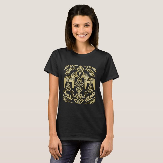 Swedish Dala Horse Gold and Black T-Shirt (Front Full)