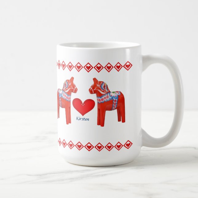 Swedish Dala Horse Hearts Custom Name Coffee Mug (Right)