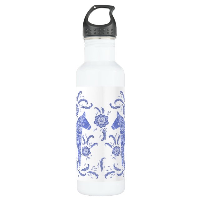 Swedish Dala Horse Indigo Blue  and White 710 Ml Water Bottle (Front)