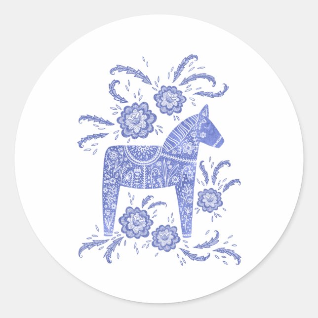 Swedish Dala Horse Indigo Blue and White Classic Round Sticker (Front)