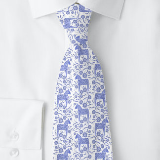 Swedish Dala Horse Indigo Blue and White Folk Art Tie