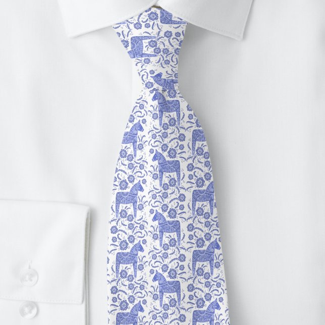 Swedish Dala Horse Indigo Blue and White Folk Art Tie (Swedish Dala Horse folk art blue and white tie)