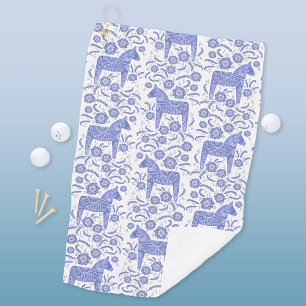 Swedish Dala Horse Indigo Blue Folk Art Golf Towel