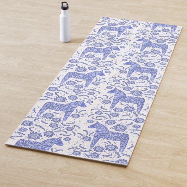 Swedish Dala Horse Indigo Blue Folk Art Yoga Mat (In Situ)