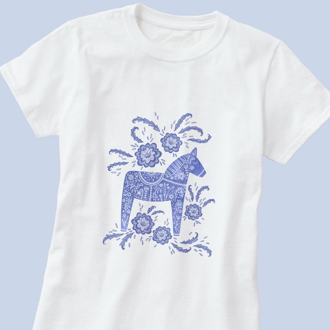 Swedish Dala Horse Indigo Blue T-Shirt (Swedish Dala Horse blue and white art t-shirt)