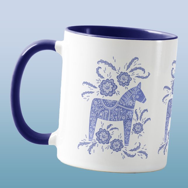 Swedish Dala Horse Periwinkle Blue and White Mug (Swedish Dala Horse folk art blue and white mug)