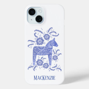 Swedish Dala Horse Personalised Blue iPhone 15 Case