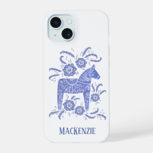 Swedish Dala Horse Personalised Blue iPhone 15 Case