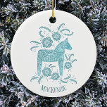 Swedish Dala Horse Personalised Ceramic Tree Decoration<br><div class="desc">Teal green and white painting of a Swedish Dala Horse. 
Change or remove the name to customise.</div>
