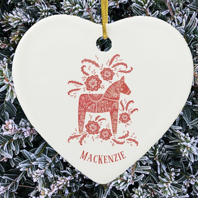 Swedish Dala Horse Personalised Red White Ceramic Tree Decoration (Red and white personalized name Swedish Dala Horse ceramic ornament)