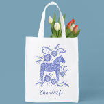 Swedish Dala Horse Personalised Reusable Grocery Bag<br><div class="desc">A pretty traditional Swedish Dala Horse in blue and white with script typography.  Change the name to personalise.  Original art by Nic Squirrell.</div>