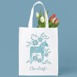 Swedish Dala Horse Personalised Reusable Grocery Bag<br><div class="desc">A pretty traditional Swedish Dala Horse in teal green and white with script typography.  Change the name to personalise.  Original art by Nic Squirrell.</div>