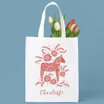 Swedish Dala Horse Personalised Reusable Grocery Bag<br><div class="desc">A pretty traditional Swedish Dala Horse in red and white with script typography.  Change the name to personalise.  Original art by Nic Squirrell.</div>