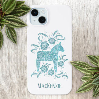Swedish Dala Horse Personalised Teal iPhone 15 Mini Case