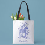 Swedish Dala Horse Personalised Tote Bag<br><div class="desc">A pretty traditional Swedish Dala Horse in blue and white with script typography.  Change the name to personalise.  Original art by Nic Squirrell.</div>