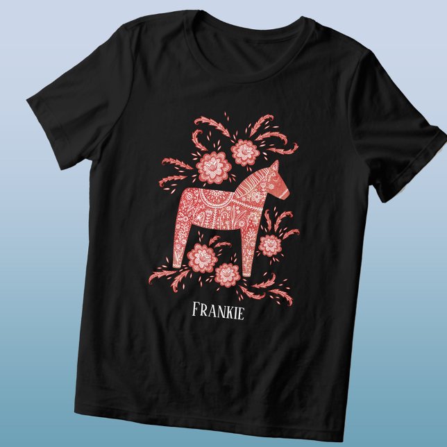 Swedish Dala Horse Personalised Tri-Blend Shirt (Red and white Swedish Dala Horse folk art personalized custom name triblend t-shirt)