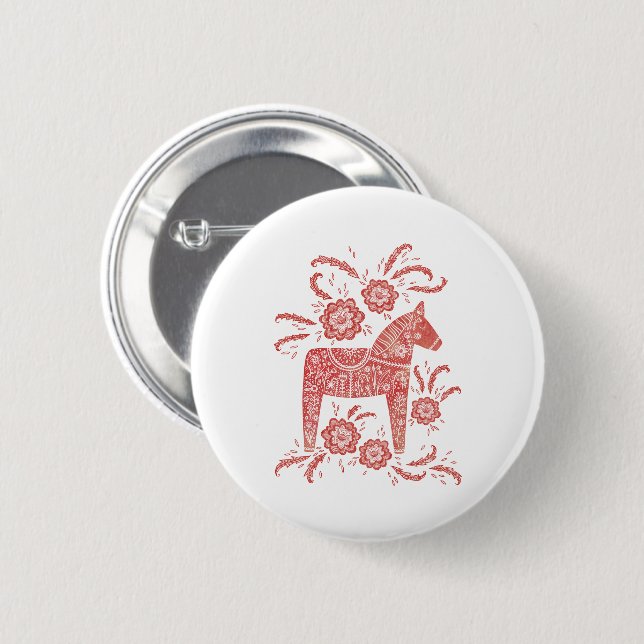Swedish Dala Horse Red and White 6 Cm Round Badge (Front & Back)