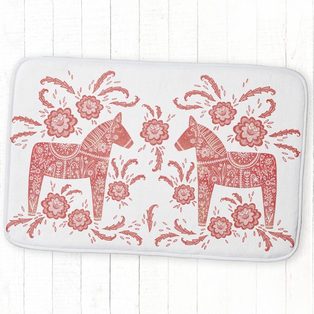 Swedish Dala Horse Red and White Bath Mat (Swedish Dala Horse folk art red and white bath mat)