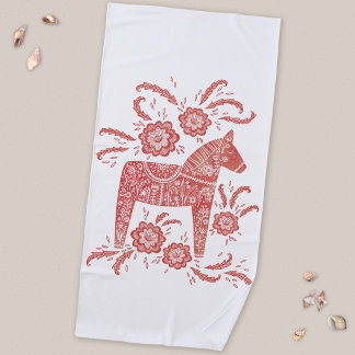 Swedish Dala Horse Red and White Beach Towel