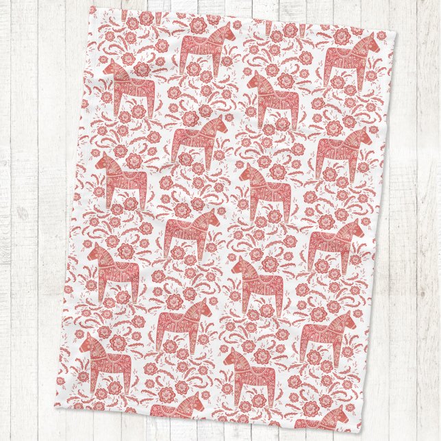 Swedish Dala Horse Red and White Fleece Blanket (Swedish Dala Horse red and white fleece blanket)
