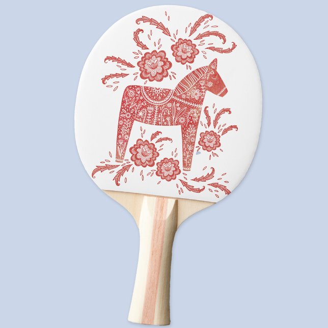 Swedish Dala Horse Red and White Folk Art Ping Pong Paddle (Swedish Dala Horse folk art ping pong paddle)