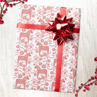 Swedish Dala Horse Red and White Folk Art Wrapping Paper