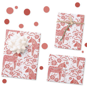 Swedish Dala Horse Red and White Folk Art Wrapping Paper Sheet