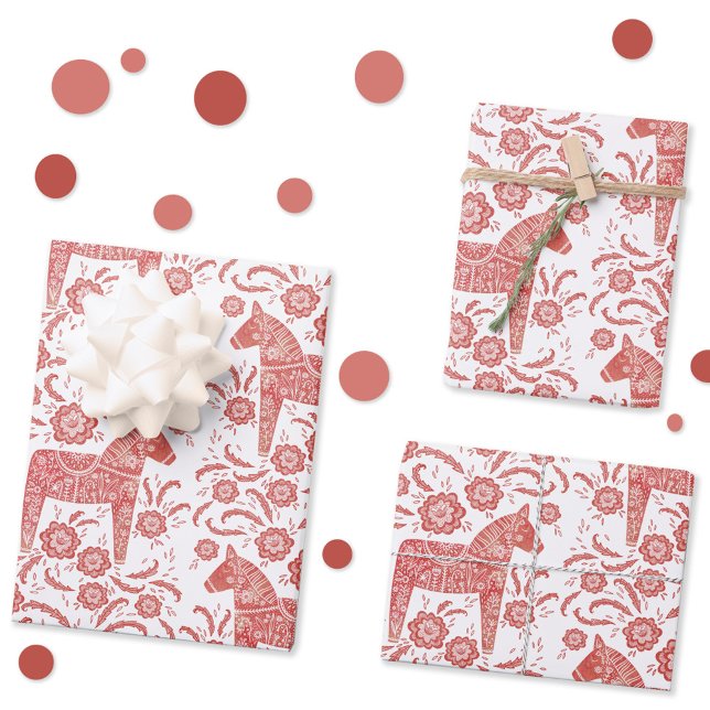 Swedish Dala Horse Red and White Folk Art Wrapping Paper Sheet (Swedish Dala Horse red and white folk art wrapping paper)