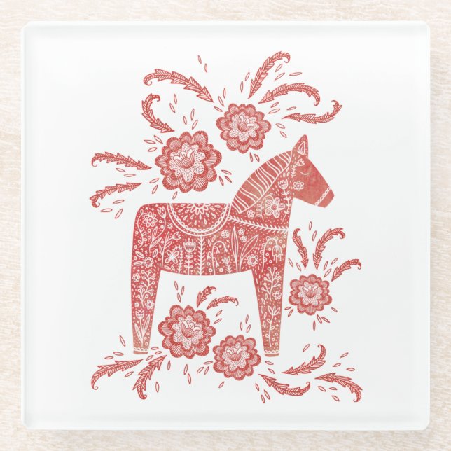Swedish Dala Horse Red and White Glass Coaster (Front)