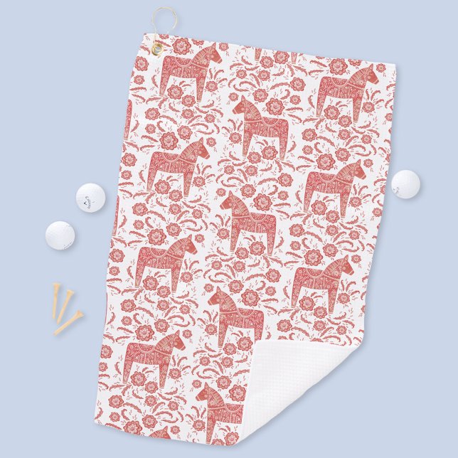 Swedish Dala Horse Red and White Golf Towel (Swedish Dala Horse pattern red and white golf towel)