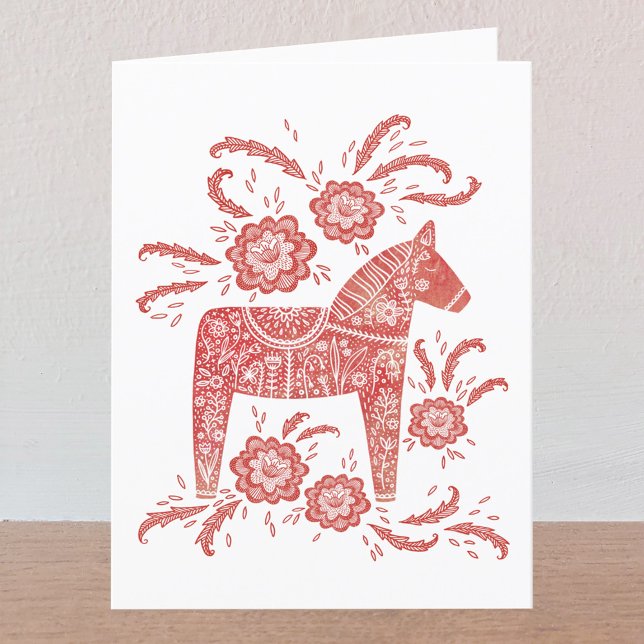 Swedish Dala Horse Red and White Greetings Card (Swedish Dala Horse red and white folded greetings card with custom text)