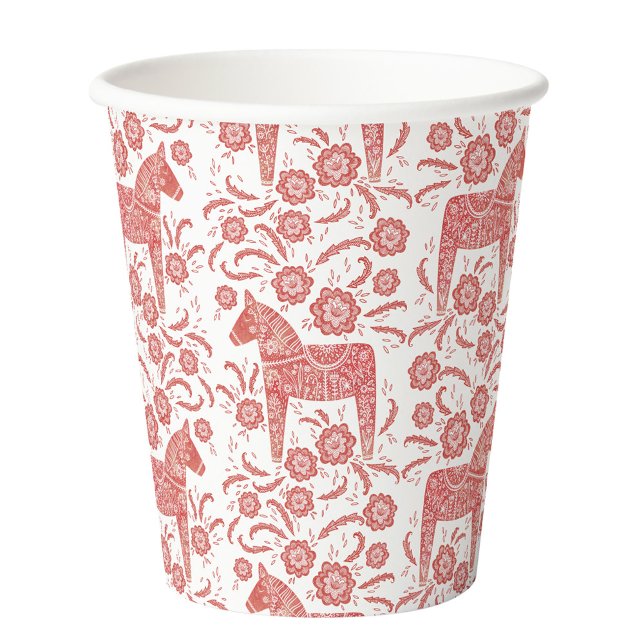Swedish Dala Horse Red and White Paper Cups (Swedish Dala horse red and white festive folk art pattern party paper cup)